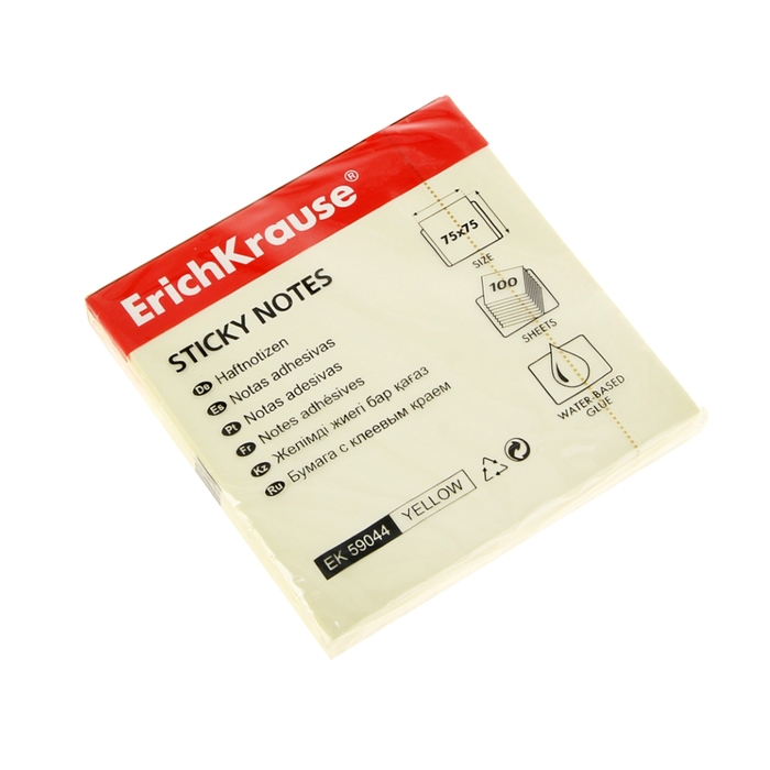 Блок бумаги с липким краем 75х75мм Erich Krause, жёлтый, 100 листов