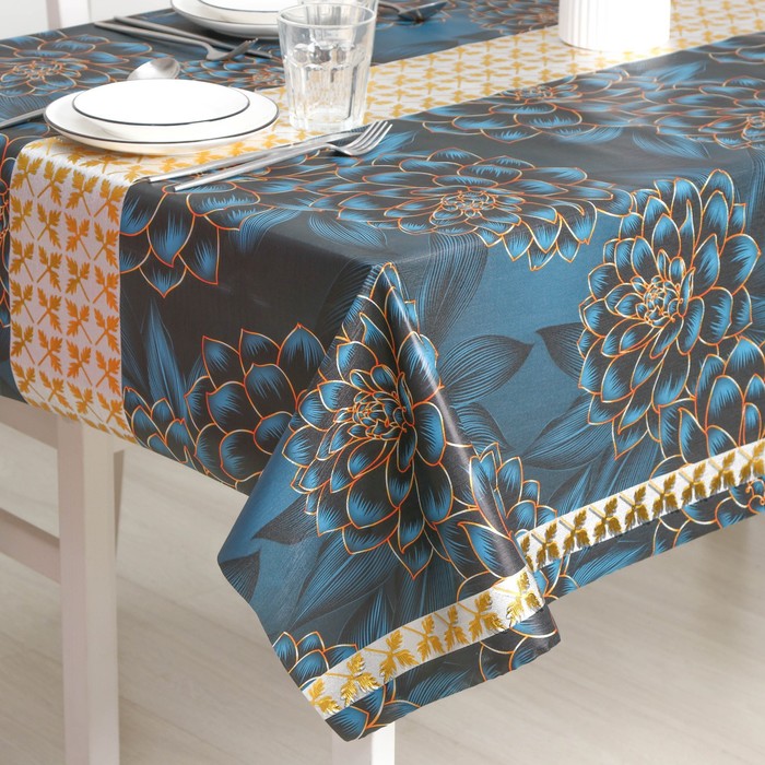 фото Клеёнка на стол на тканевой основе «в саду», рулон 20 метров, ширина 137 см, цвет синий
