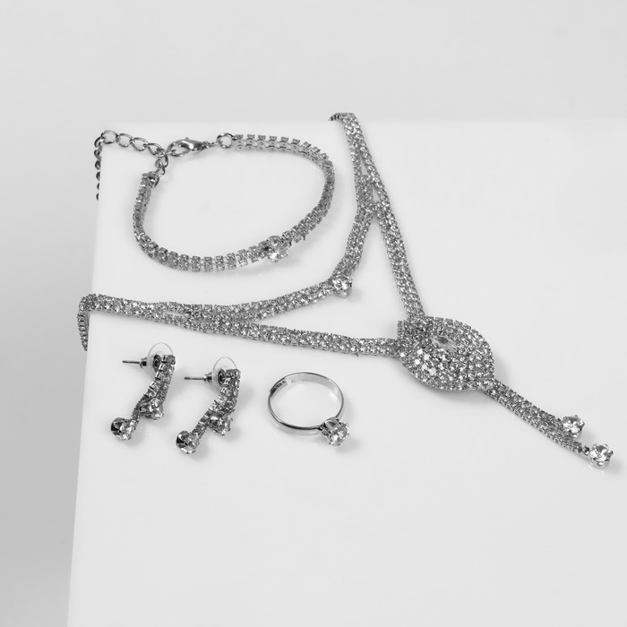 Набор 4 предмета: серьги, колье, браслет, кольцо «Жаклин», 2 нити, цвет белый в серебре набор 2 предмета серьги колье жаклин дуэт капля цвет бело изумрудный в серебре 45см