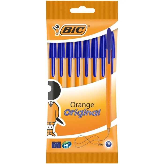 Набор ручек шариковых 8 штук BIC Orange Fine, синие, тонкое письмо, оранжевый корпус