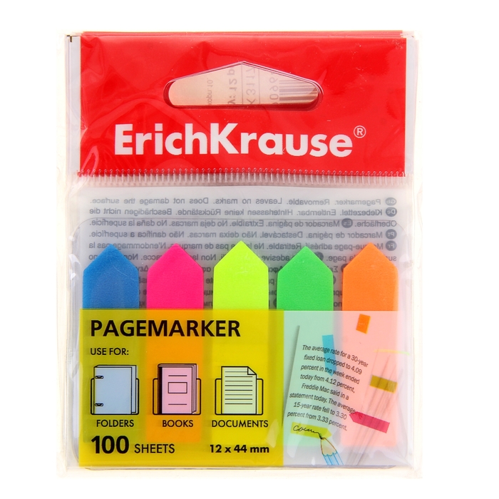 Флажки с клеевым краем пластиковые 12х44мм Erich Krause Neon "Стрелки", 5 цветов по 20 листов