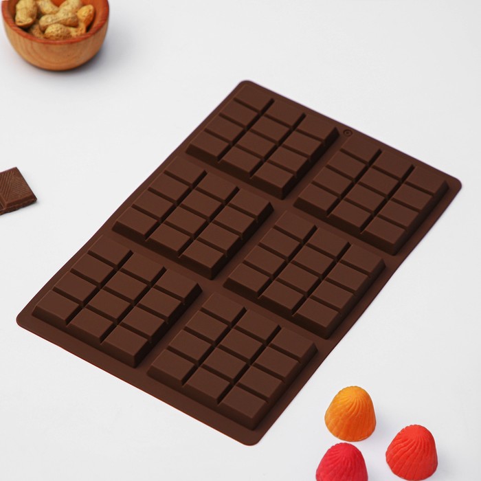 Форма для шоколада Доляна «Плитка», силикон, 27,2×17,6×1 см, 6 ячеек (7,5×7,5 см) , цвет коричневый форма силиконовая для шоколада плитка мелкие дольки 26×17×1 см 6 ячеек цвет микс