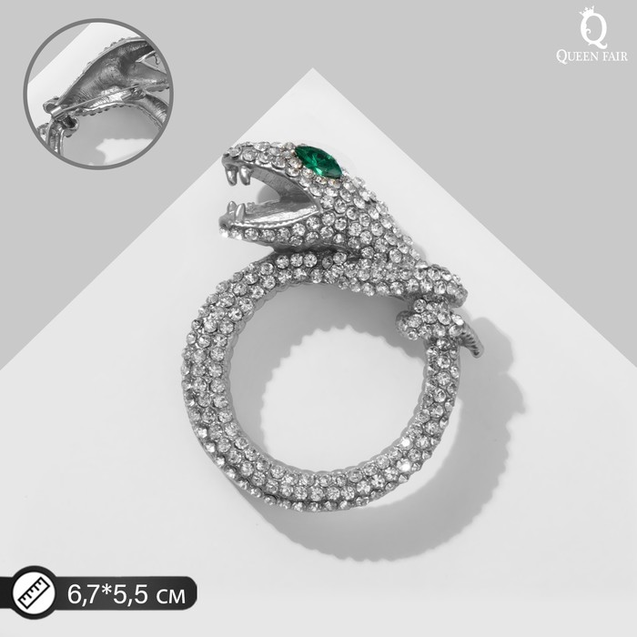 Брошь «Змея» кольцом, цвет бело-зелёный в серебре