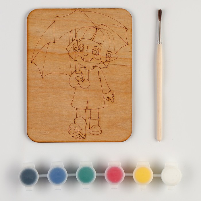 Дощечка под роспись «Девочка с зонтом» с красками и кисточкой