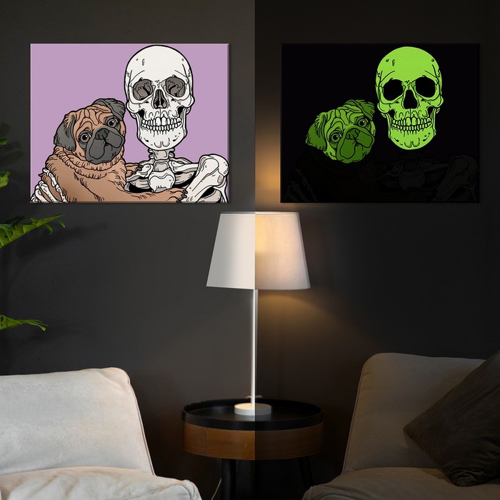 фото Картина по номерам со светящейся краской, 40 × 50 см «скелет с мопсом» 6 цветов molly