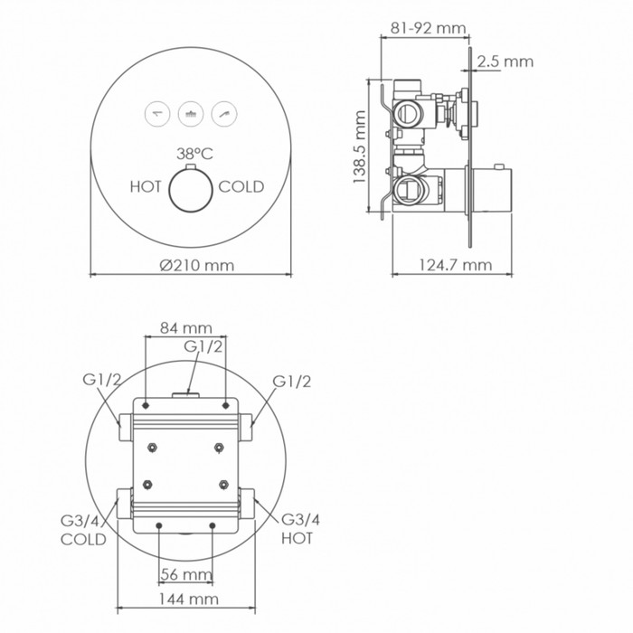 фото Смеситель для ванны wasserkraft dinkel 5844 thermo, встраиваемый, на 3 выхода, латунь, хром 100721