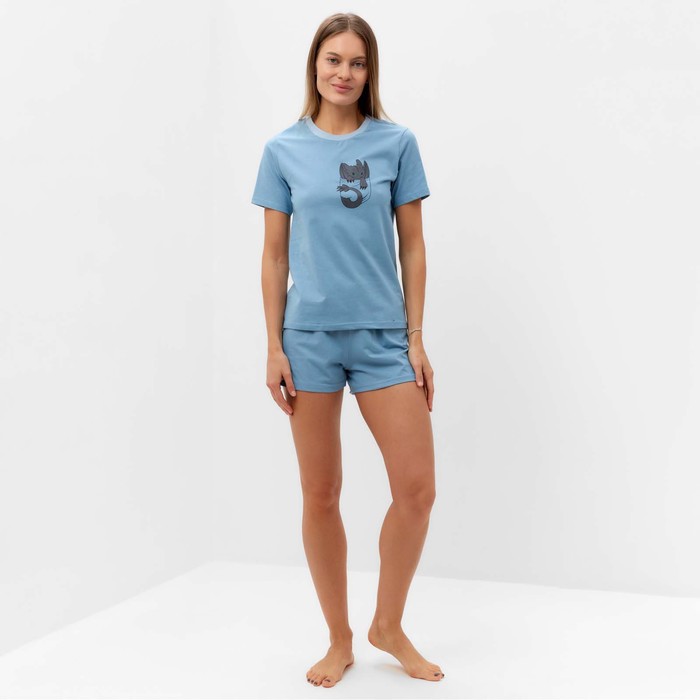 Комплект женский домашний (футболка,шорты), цвет голубой, размер 48