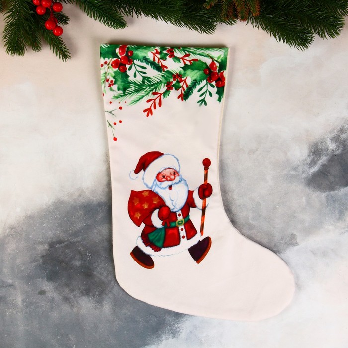 Носок для подарков Дед Мороз с посохом, в лесу 26х40 см, белый