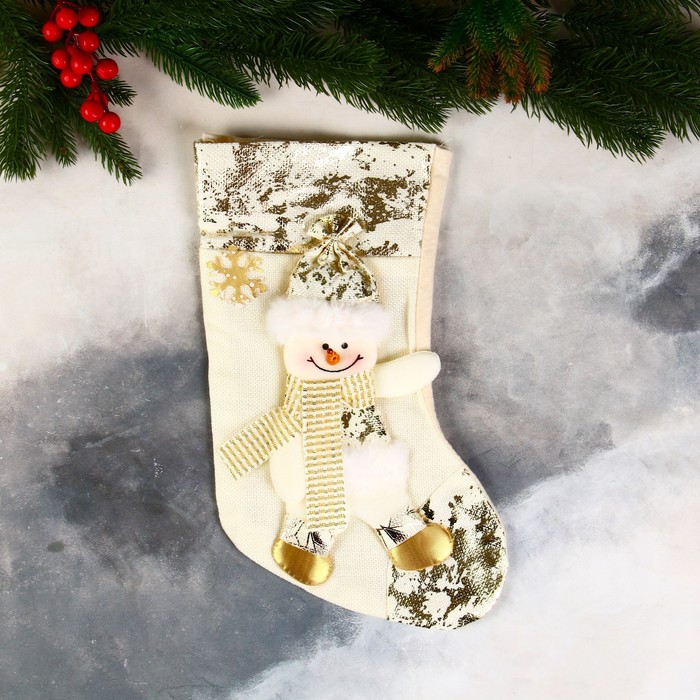 Носок для подарков Снеговик в шарфике, поталь 20х33 см, золото