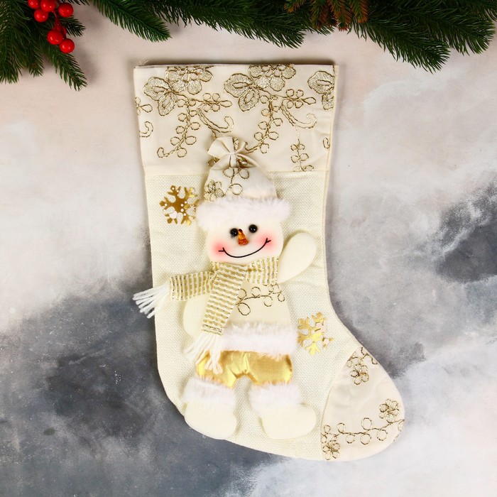 Носок для подарков Снеговик в шарфике, цветочный орнамент 24х37 см, золото
