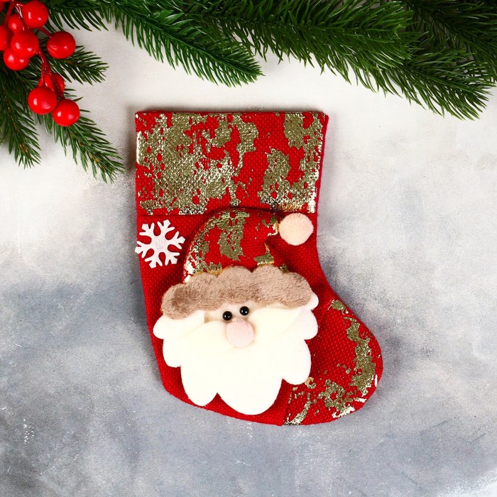носок для подарков дед мороз блеск снежинка 13х16 см красно зелёный Носок для подарков Дед Мороз, поталь 11х16 см, красный