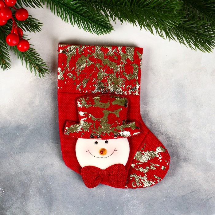 Носок для подарков Снеговик, поталь 11х16 см, красный носок для подарков снегопад снеговик 18х26 см бело красный