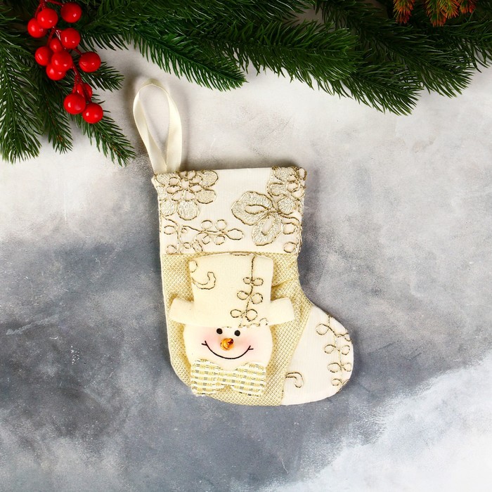 Носок для подарков Снеговик в бантике, цветочный орнамент 11х16 см, золото