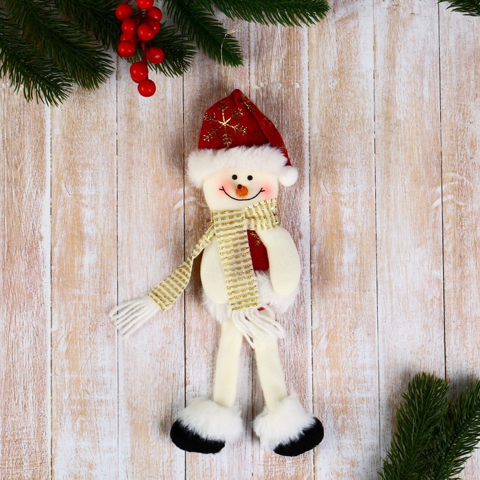 Мягкая подвеска Снеговик в костюмчике с узором, длинные ножки 8х26 см, красный мягкая подвеска дед мороз в костюмчике с орнаментом длинные ножки 10х28 см красный