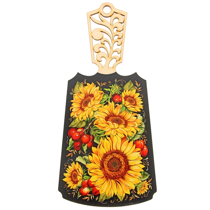 Доска разделочная «Подсолнухи и вишня», с резной ручкой, 17×37 см