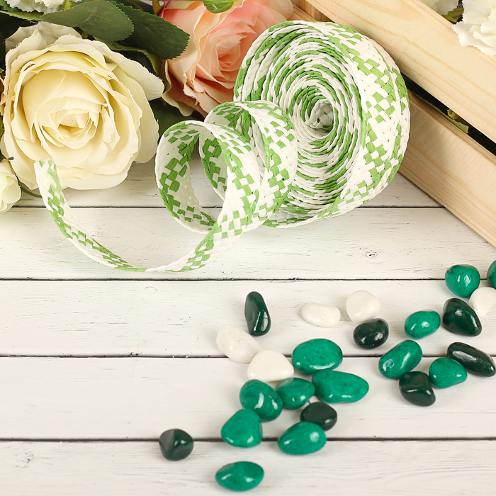 Лента декоративная плетёная, цвет зелёный с белым