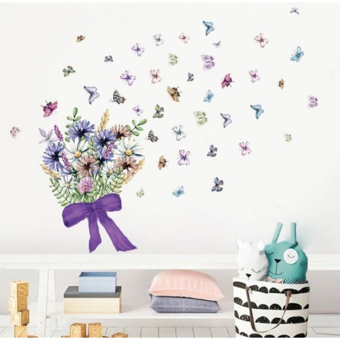 Наклейка пластик интерьерная цветная Букет полевых цветов с бабочками 30х90 см
