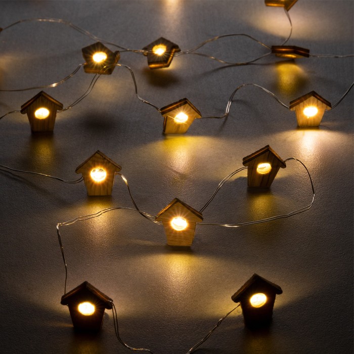 

Гирлянда «Нить» 2 м роса с насадками «Домик», IP20, серебристая нить, 20 LED, свечение тёплое белое, ААх2