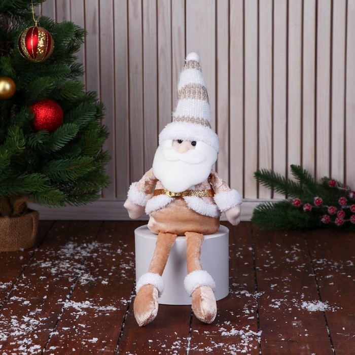 Мягкая игрушка Дед Мороз в полосатом колпаке, с ремешком 14х43 см, золото