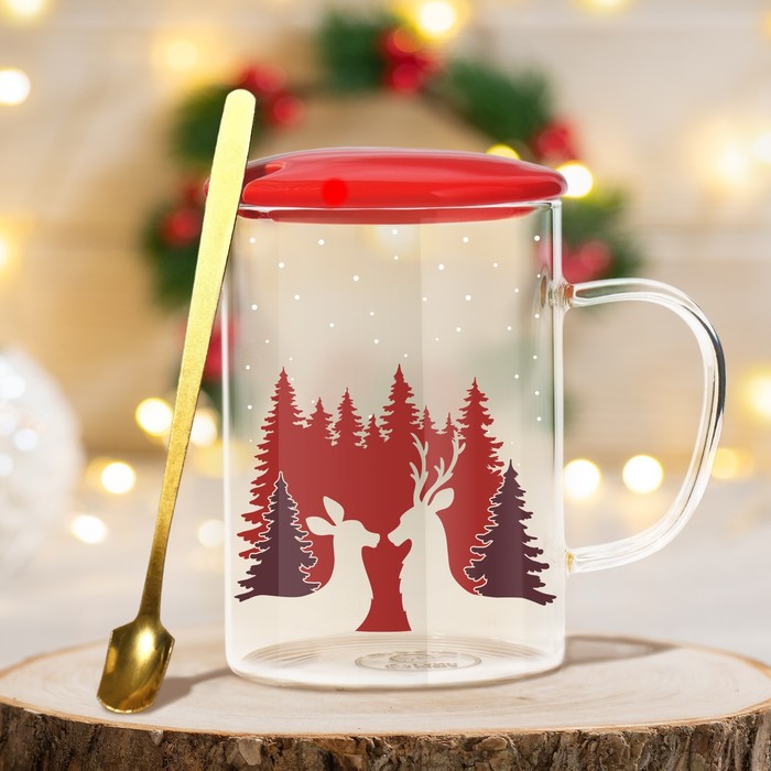 фото Кружка с ложкой и крышкой «зимний лес», 470 мл дорого внимание