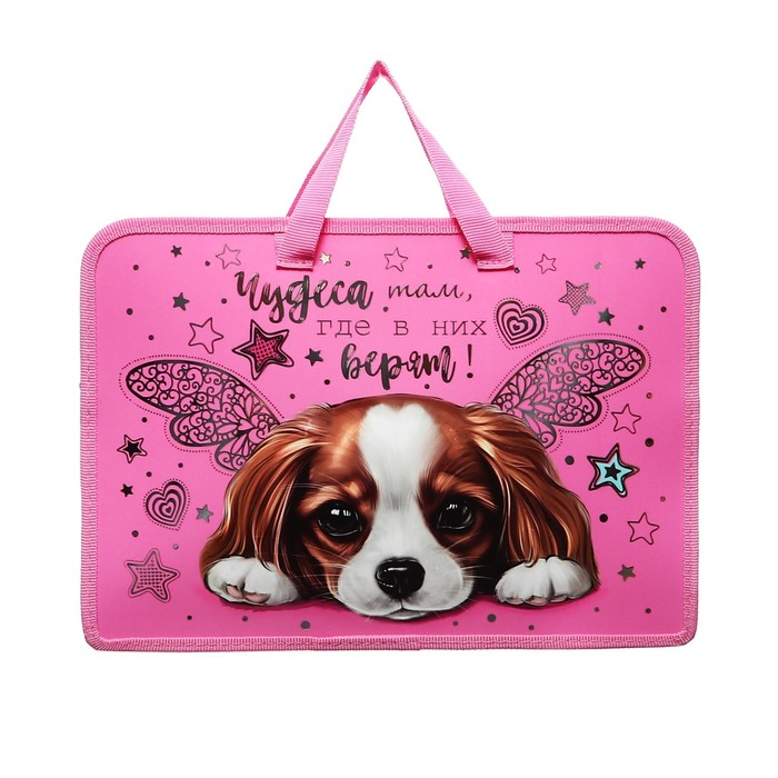 Папка с ручками А4 340 х 245 х 75 мм пластиковая ручки-тесьма ПТ-14-4-12 Чудесная собачка объемный 3D-рисунок с эффектом металлика 71216 309₽