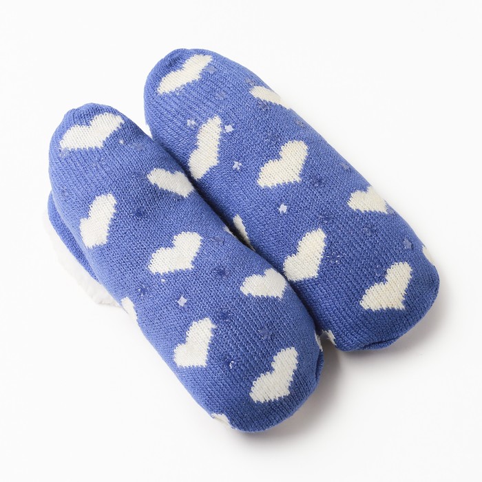 Носки женские укороченные нескользящие с мехом, цвет синий/сердечки, размер 36-40