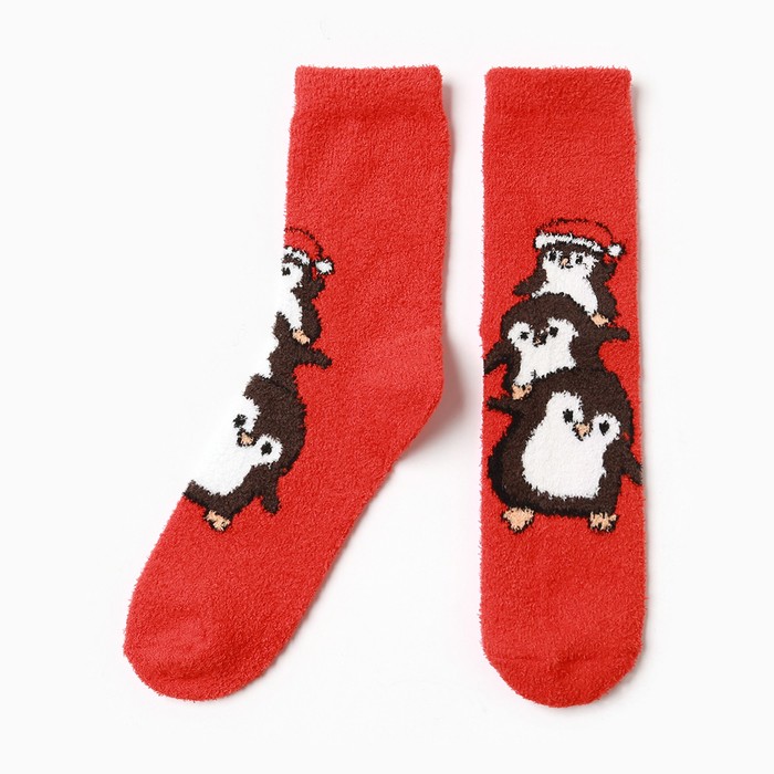 Носки женские махровые, цвет красный/пингвины, размер 36-40
