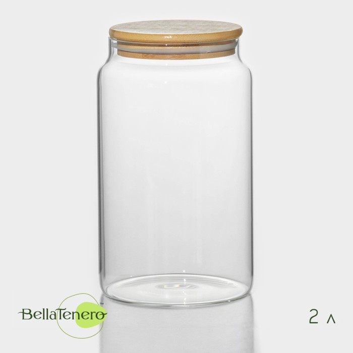 Банка стеклянная для сыпучих продуктов с бамбуковой крышкой BellaTenero «Эко», 2 л, 12×20 см