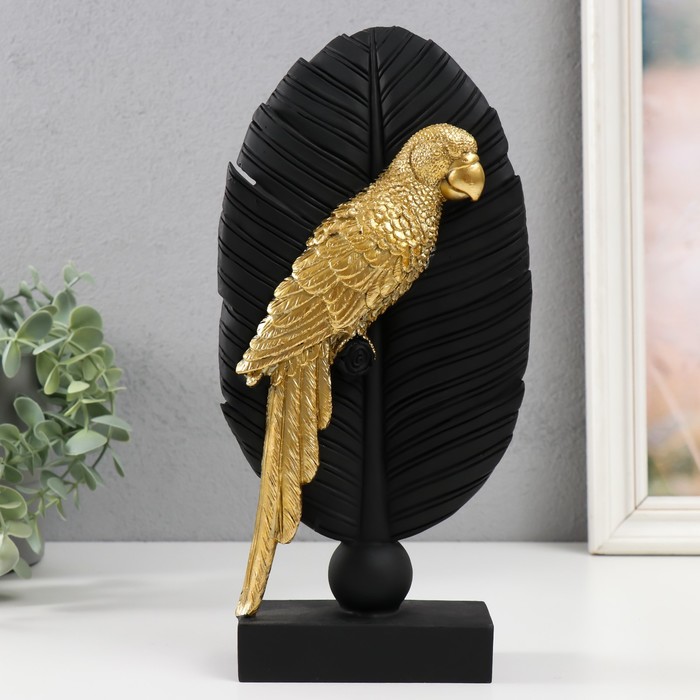 Сувенир полистоун Попугай Ара на листе чёрный с золотом 13,3х5,8х28,2 см