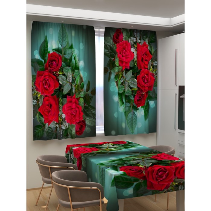 фотошторы розы и лаванда ш150xв180 см 2шт габардин на тесьме Фотошторы для кухни «Яркие красные розы», размер 150x180 см, габардин