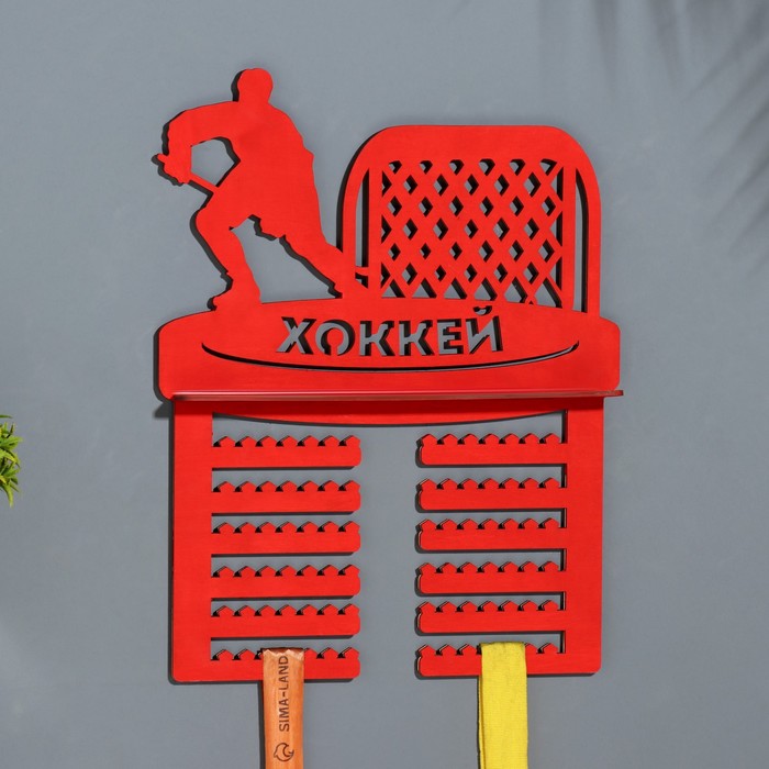 Медальница с полкой Хоккей красный цвет, 42,5х27,5 см