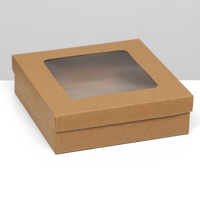 Коробка складная, крышка-дно, с окном, крафт, 20 х 20 х 6 см
