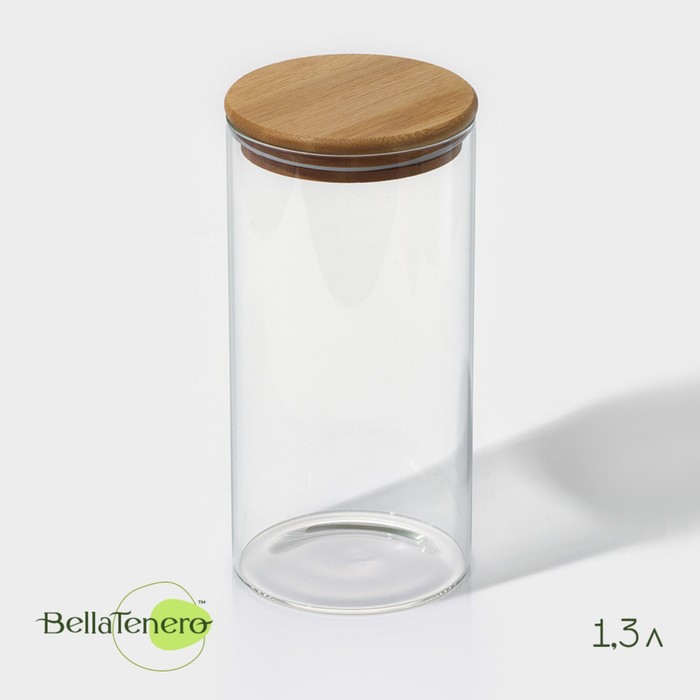 Банка стеклянная для сыпучих продуктов с бамбуковой крышкой BellaTenero «Эко», 1,3 л, 10×20,5 см банка стеклянная для сыпучих продуктов с пробковой крышкой bellatenero эко шар 1 1 л 9 5×24 см