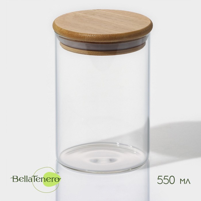Банка стеклянная для сыпучих продуктов с бамбуковой крышкой BellaTenero «Эко», 550 мл, 8,5×12,5 см