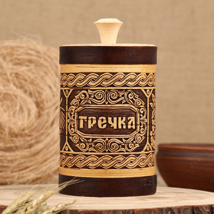 

Туес "Шишки" для гречки, 18 см, d=10 см, 1 л, береста