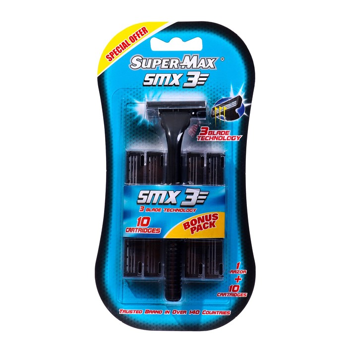 цена Станок для бритья, SUPER-MAX SMX 3, многораз.станок+10 смен.картриджей с тройным лезвием.
