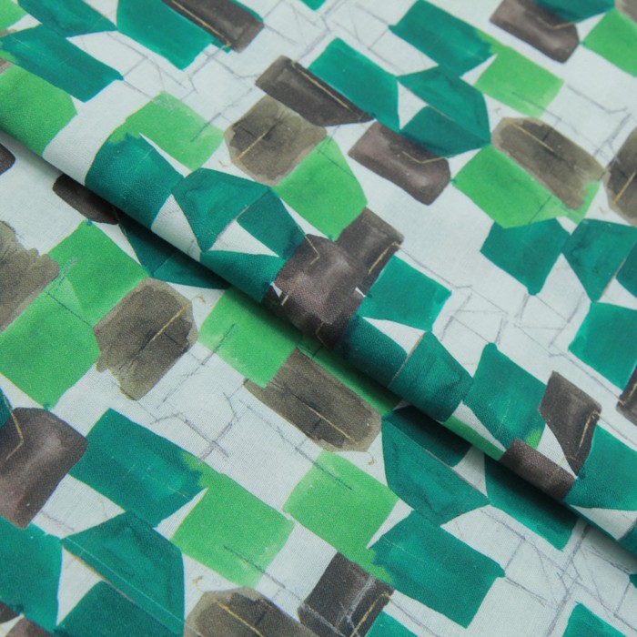 фото Ткань плательная набивная, лён, ширина 136 см, цвет зелёный