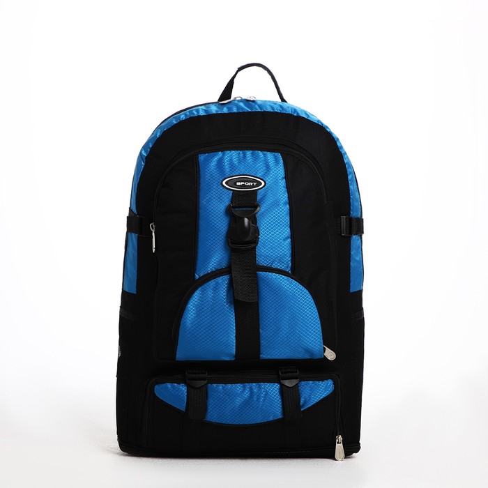 Рюкзак туристический на молнии, 5 наружных карманов, цвет чёрный/синий фото
