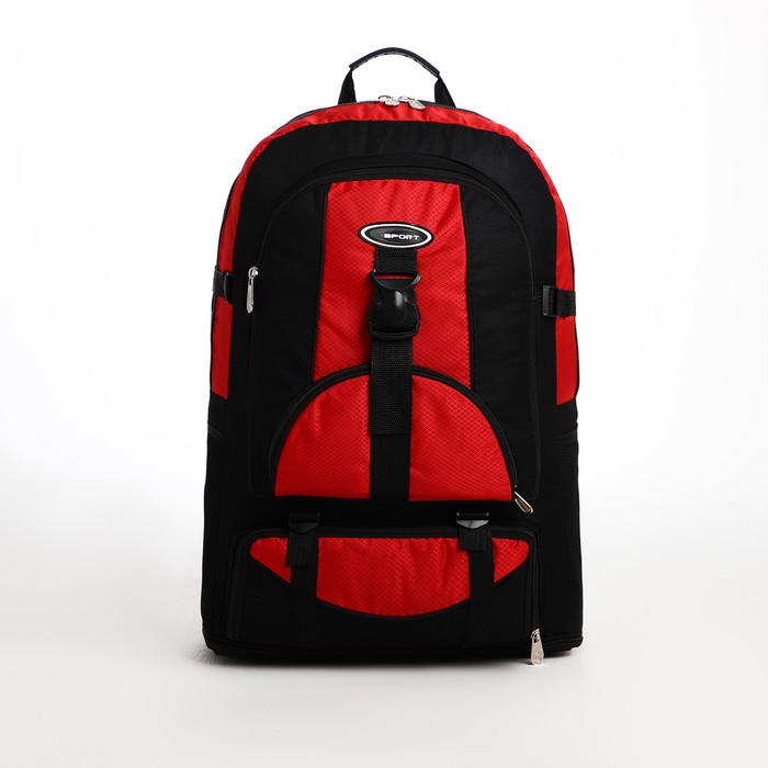 Рюкзак туристический на молнии, 5 наружных карманов, цвет чёрный/красный фото