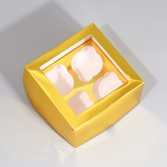 фото Коробка складная на 4 капкейков с окном «золотистая», 16 х 16 х 10 см дарите счастье