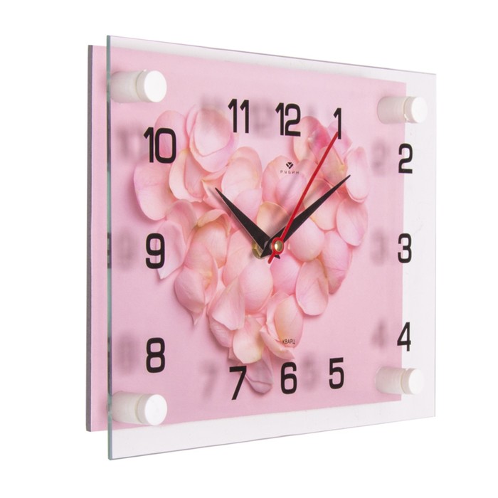 фото Часы настенные, интерьерные: цветы, "сердце из лепестков роз", 20 х 26 см рубин