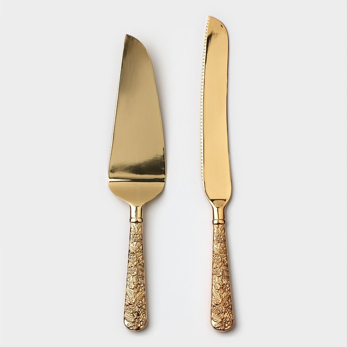 Набор для торта Goldy, 2 предмета: нож длина 27 см, лопатка длина 25 см, цвет золотой 