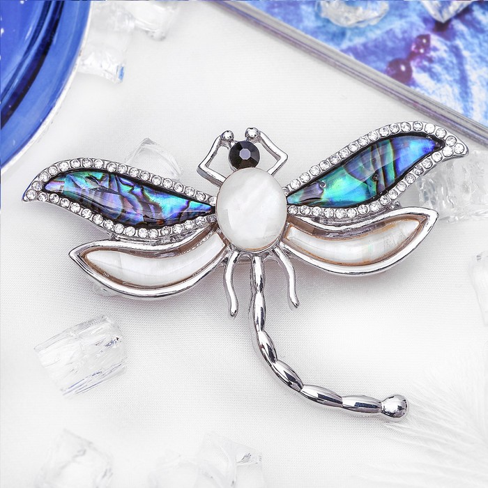 Брошь "Галиотис с перламутром" стрекоза, в серебре