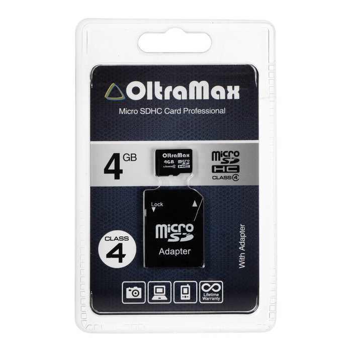 Карта памяти OltraMax MicroSD, 4 Гб, SDHC, класс 4, с адаптером SD цена и фото