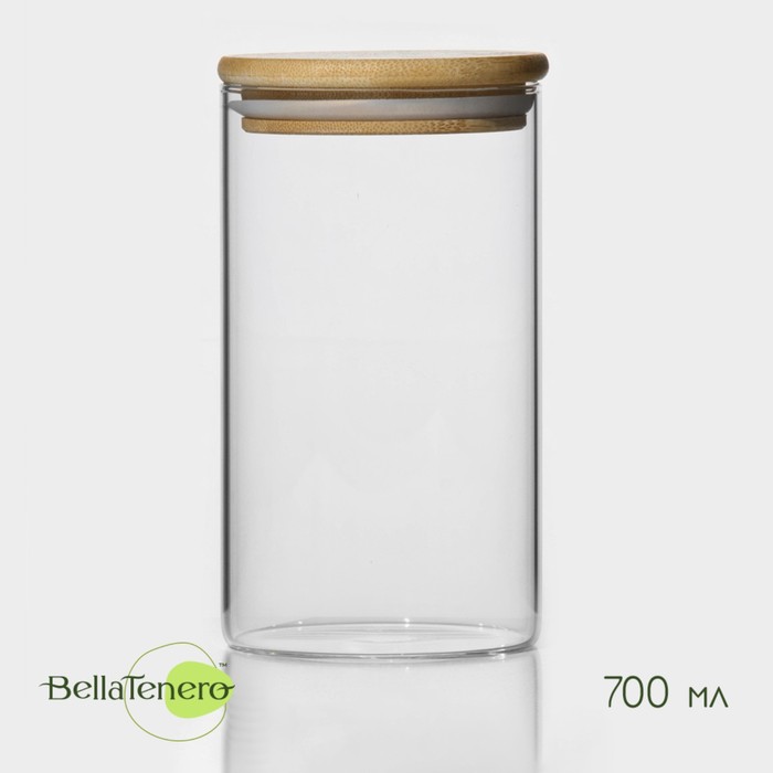 

Банка стеклянная для сыпучих продуктов с бамбуковой крышкой BellaTenero «Эко», 700 мл, 8,5×15,5 см