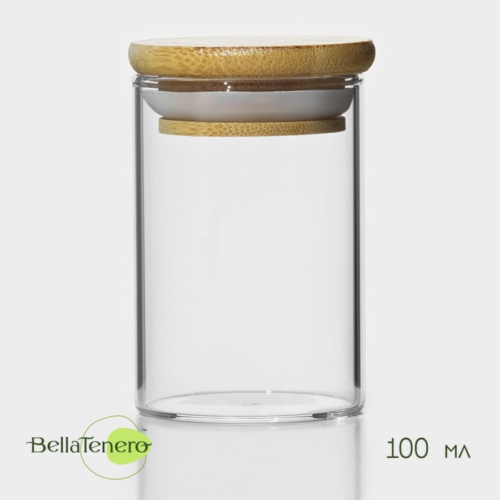 Баночка стеклянная для специй с бамбуковой крышкой BellaTenero «Эко», 100 мл, 5×8 см контейнер из жаропрочного стекла с бамбуковой крышкой bellatenero эко 620 мл 15×6 5 см