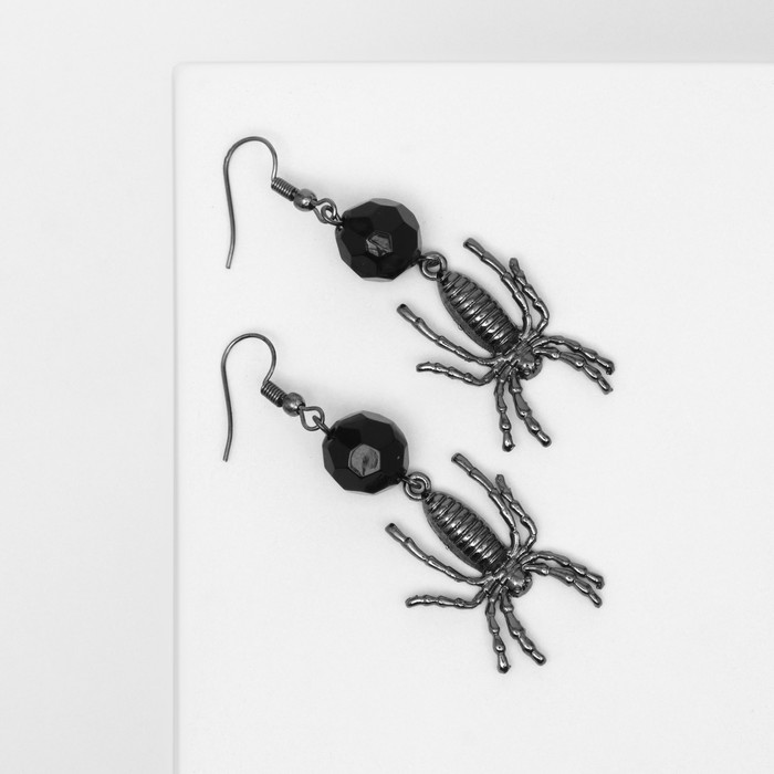 Серьги «Пауки» с бусиной, цвет чёрно-серый в серебре