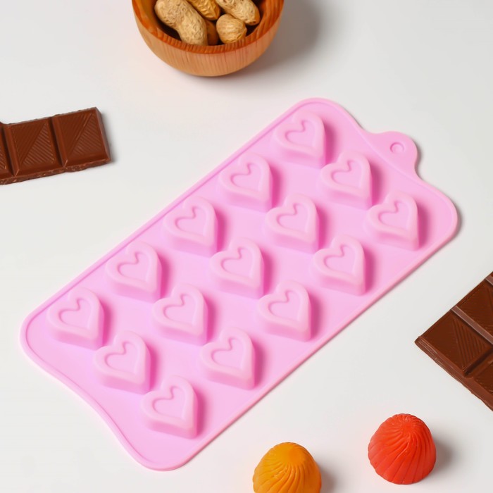 Форма для шоколада Доляна «Сердечко», силикон, 21×10 см, 15 ячеек (2,7×2,8 см), цвет МИКС форма силиконовая для шоколада доляна конфи 29×17×1 см 15 ячеек цвет микс