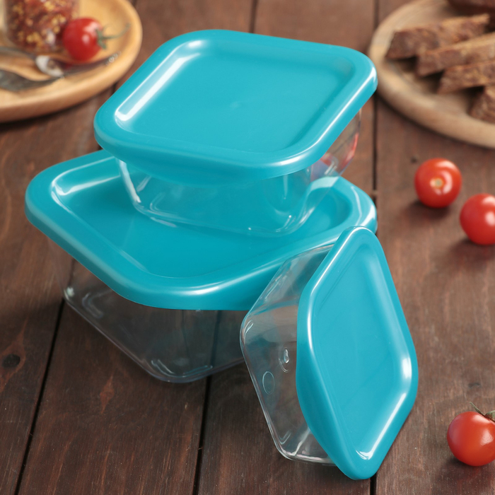 Набор пищевых контейнеров с крышками "Стандарт. Квадрат", 3 шт: 17,5х8 см (800 мл); 15,5х6,5 см (400 мл); 12х4 см (200 мл), цвет МИКС