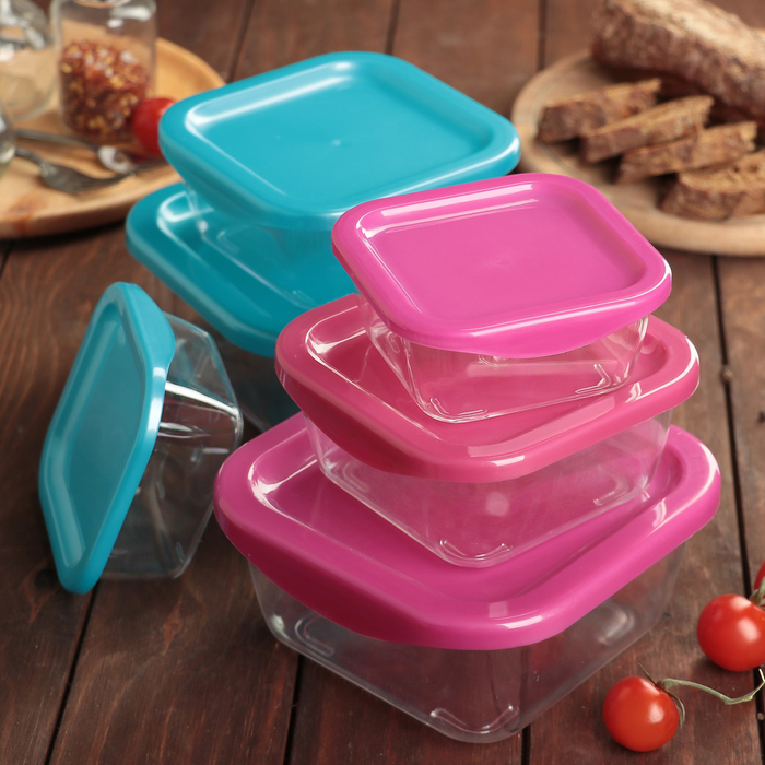 Набор пищевых контейнеров с крышками "Стандарт. Квадрат", 3 шт: 17,5х8 см (800 мл); 15,5х6,5 см (400 мл); 12х4 см (200 мл), цвет МИКС